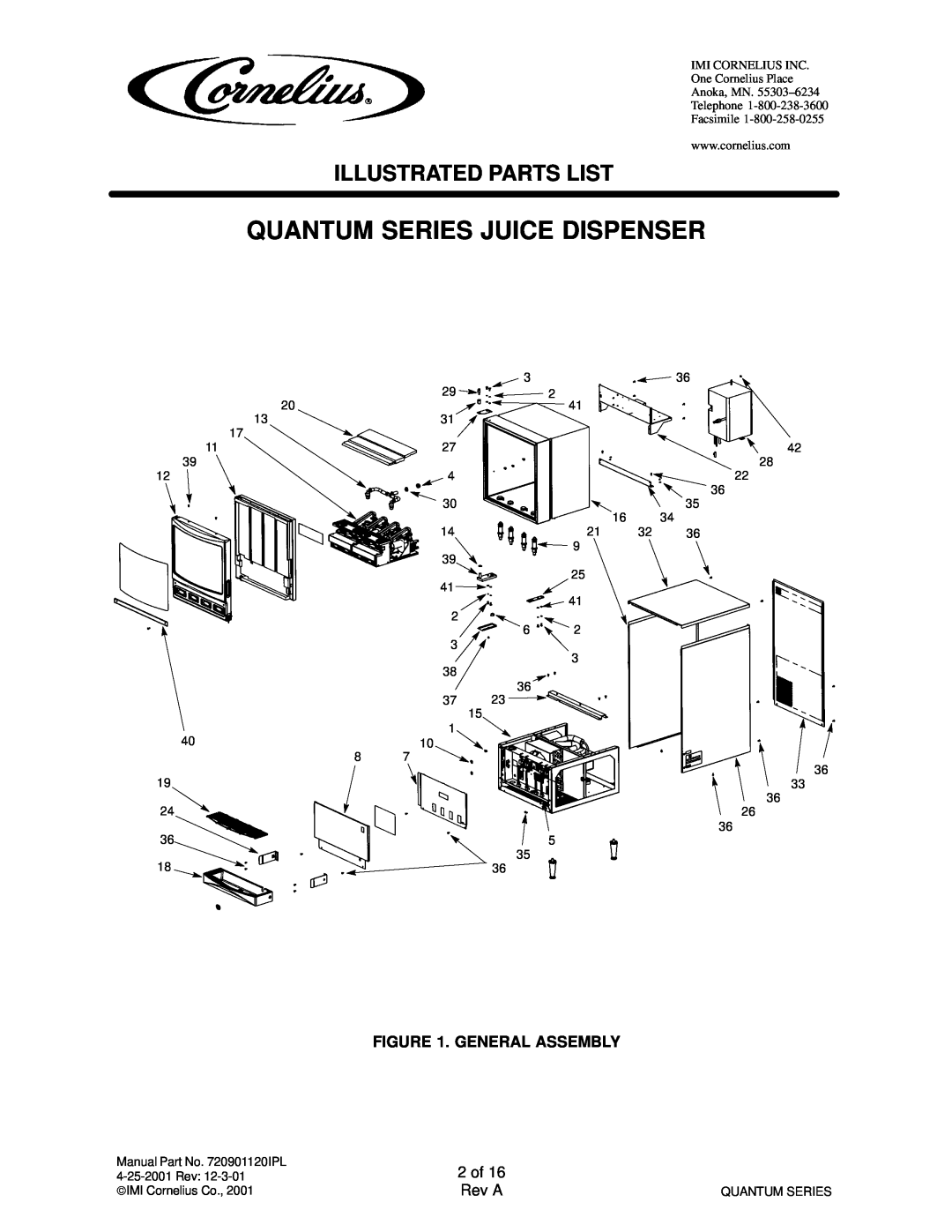 Cornelius QUANTUM SERIES service manual Quantum Series Juice Dispenser, Illustrated Parts List, General Assembly 