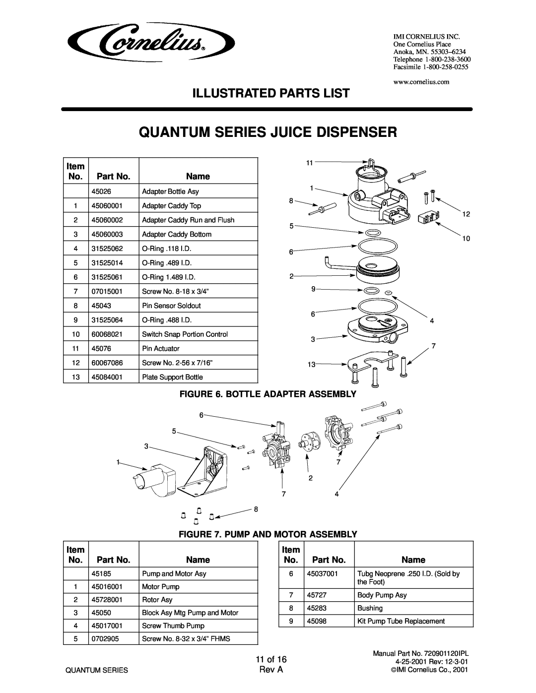 Cornelius QUANTUM SERIES service manual Quantum Series Juice Dispenser, Illustrated Parts List 