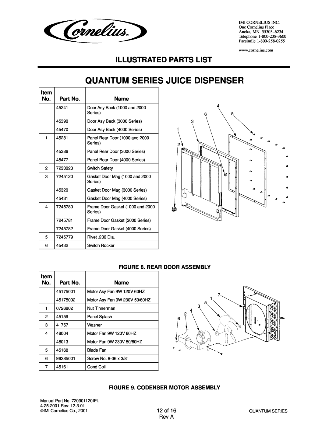 Cornelius QUANTUM SERIES service manual Quantum Series Juice Dispenser, Illustrated Parts List, 12 of 16 Rev A 