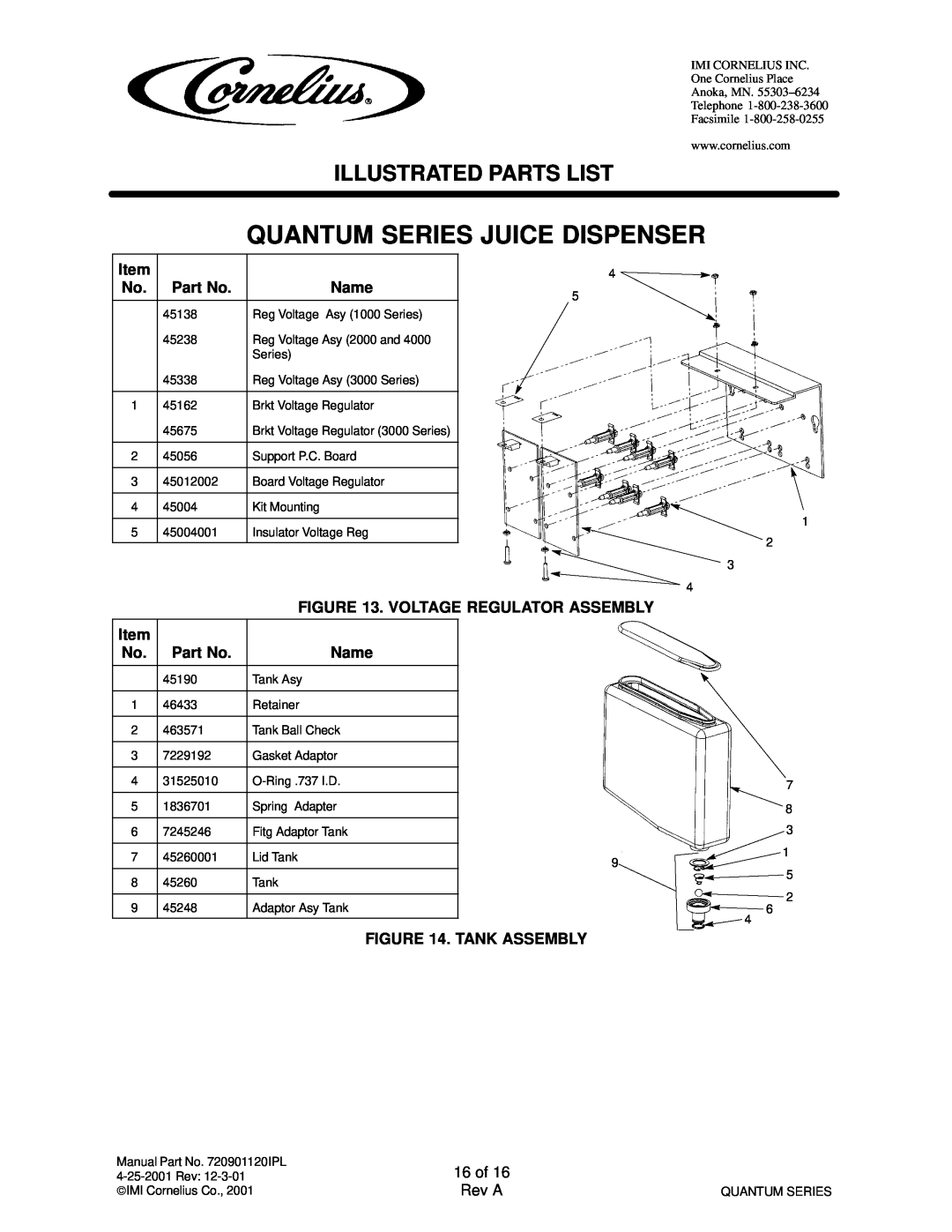 Cornelius QUANTUM SERIES Quantum Series Juice Dispenser, Illustrated Parts List, Brkt Voltage Regulator 3000 Series 