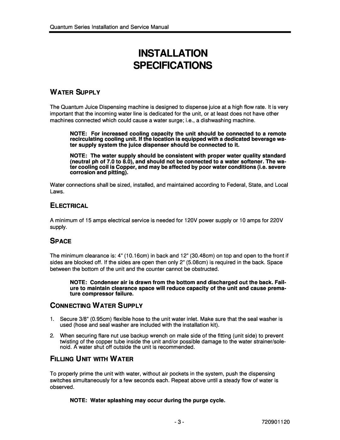 Cornelius QUANTUM SERIES service manual Installation Specifications, Electrical, Space, Connecting Water Supply 