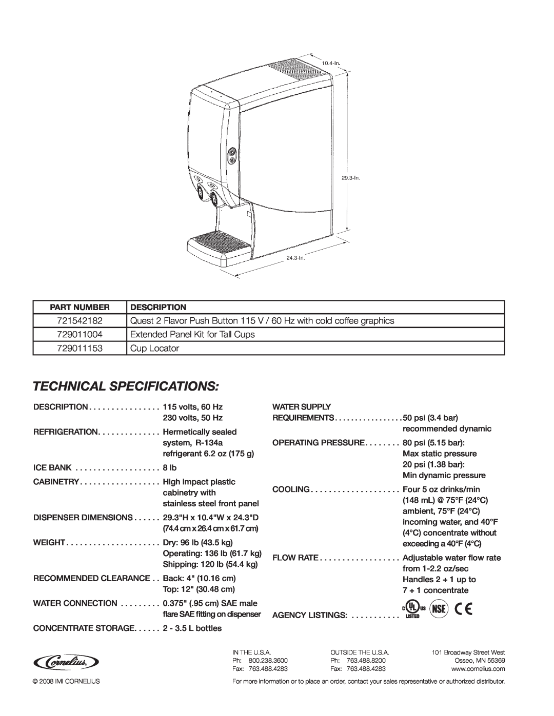 Cornelius Quest 2000 manual Technical Specifications, 721542182, 729011004, Extended Panel Kit for Tall Cups, 729011153 