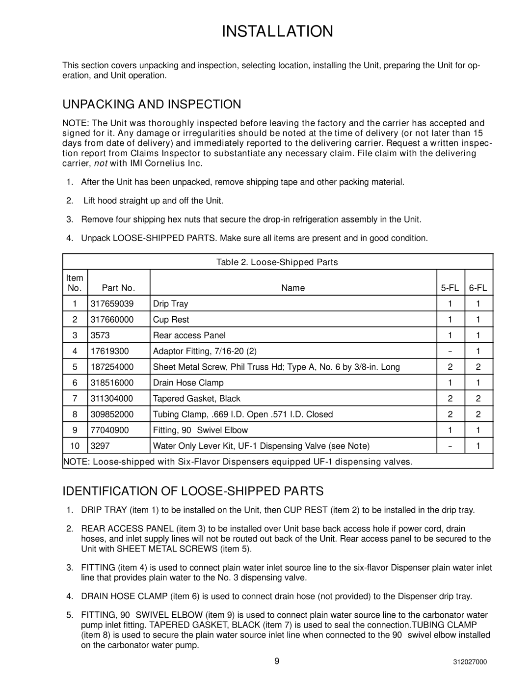 Cornelius R-134A service manual Unpacking and Inspection, Identification of LOOSE-SHIPPED Parts 