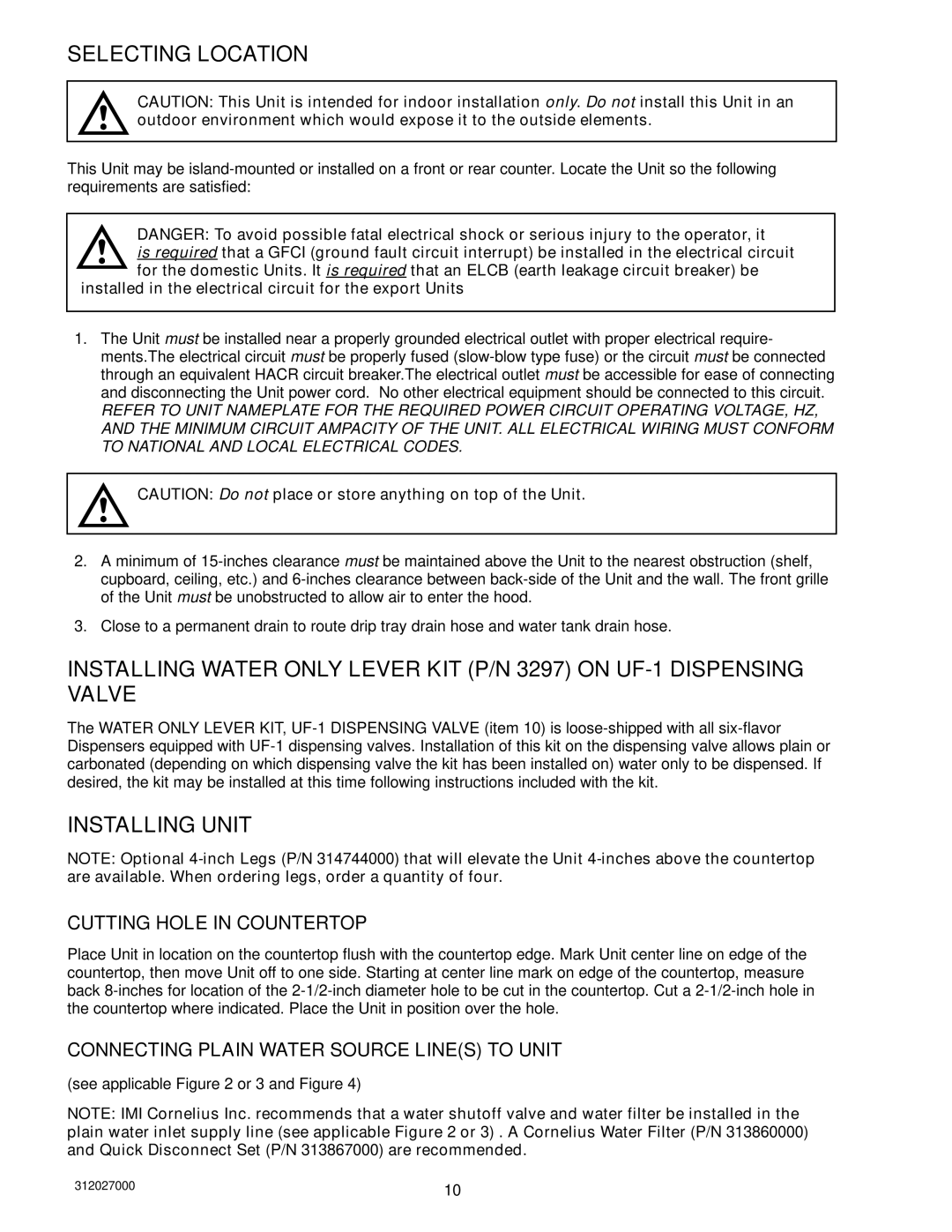 Cornelius R-134A service manual Selecting Location, Installing Unit, Cutting Hole in Countertop 