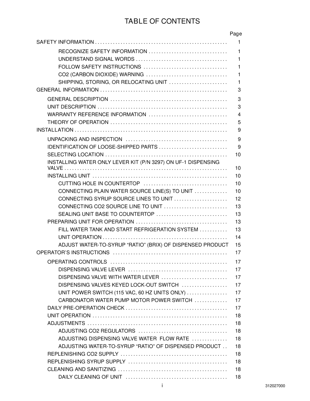 Cornelius R-134A service manual Table of Contents 