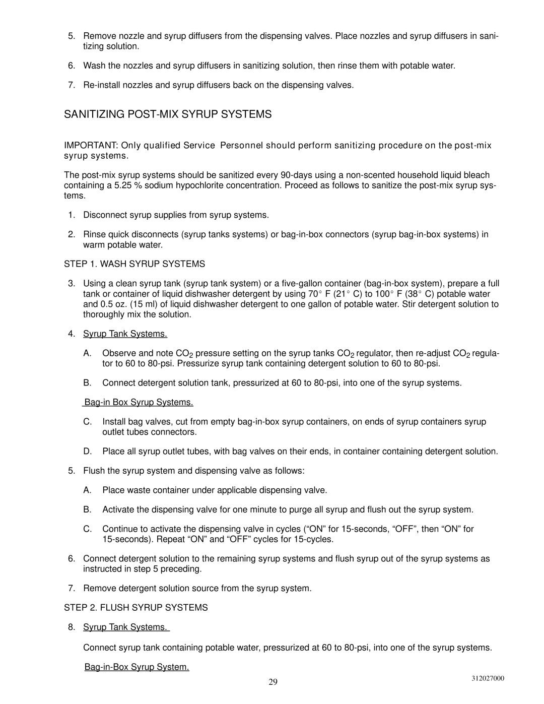 Cornelius R-134A service manual Sanitizing POST-MIX Syrup Systems, Wash Syrup Systems, Flush Syrup Systems 