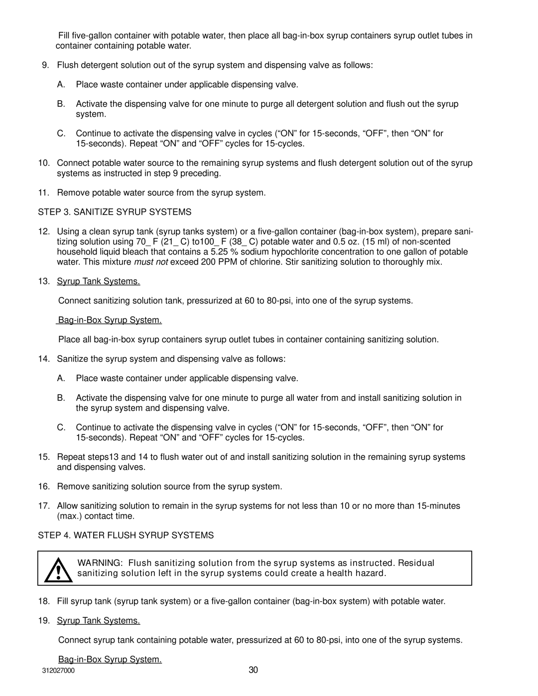 Cornelius R-134A service manual Sanitize Syrup Systems, Water Flush Syrup Systems 