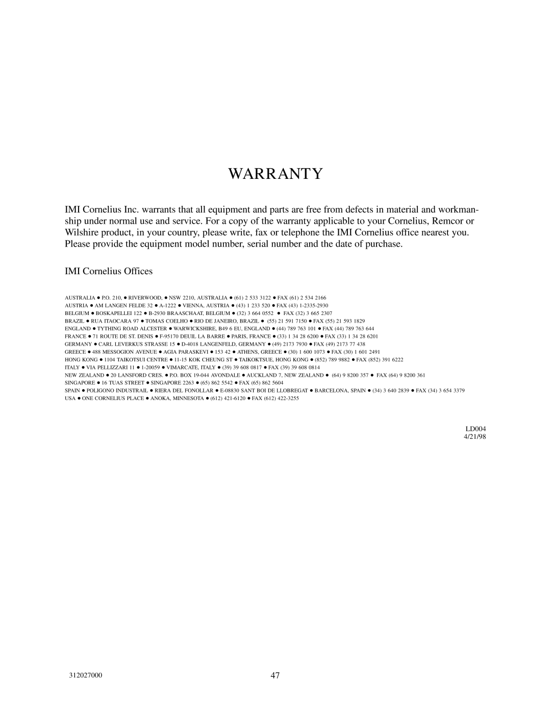 Cornelius R-134A service manual Warranty 