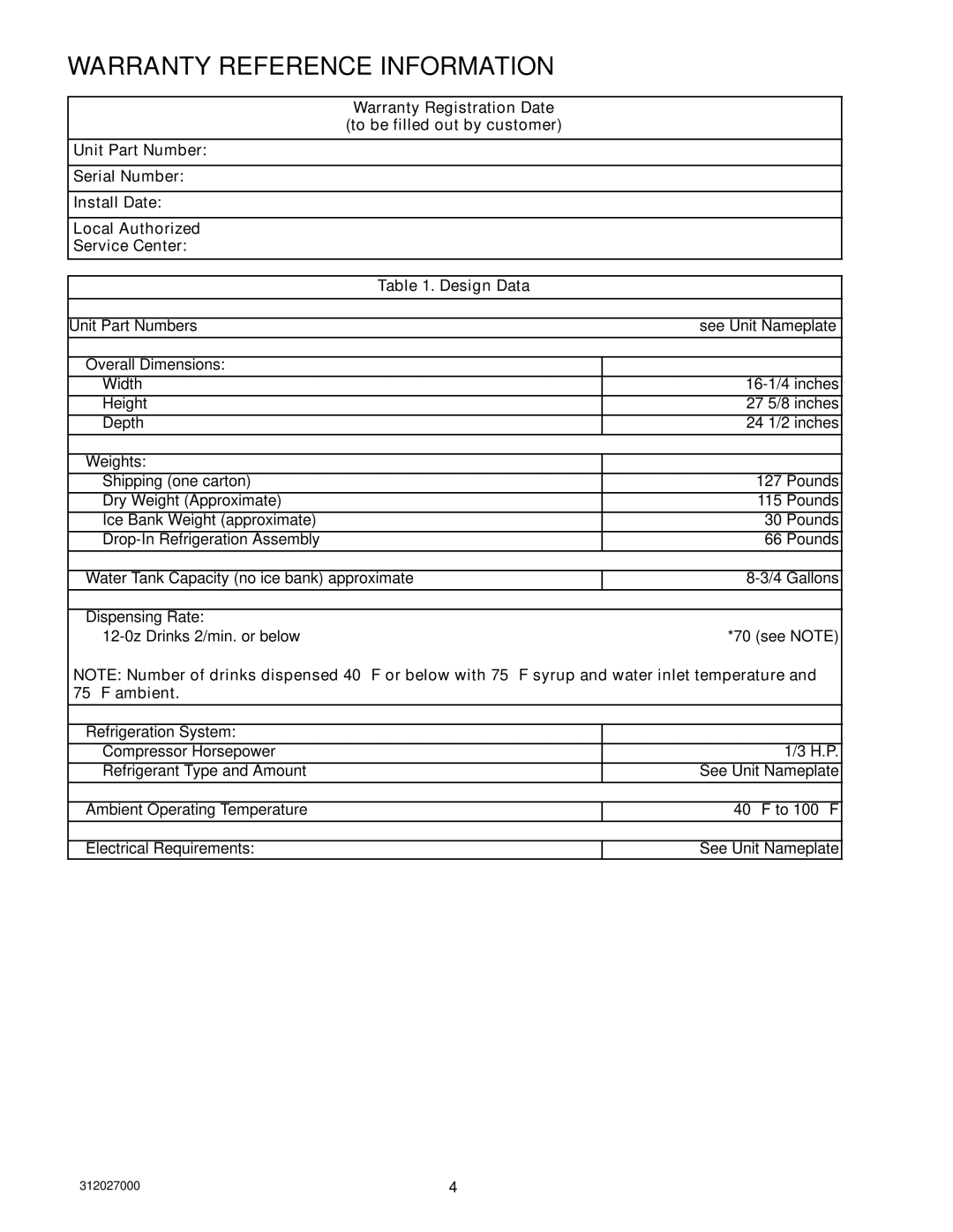 Cornelius R-134A service manual Warranty Reference Information 