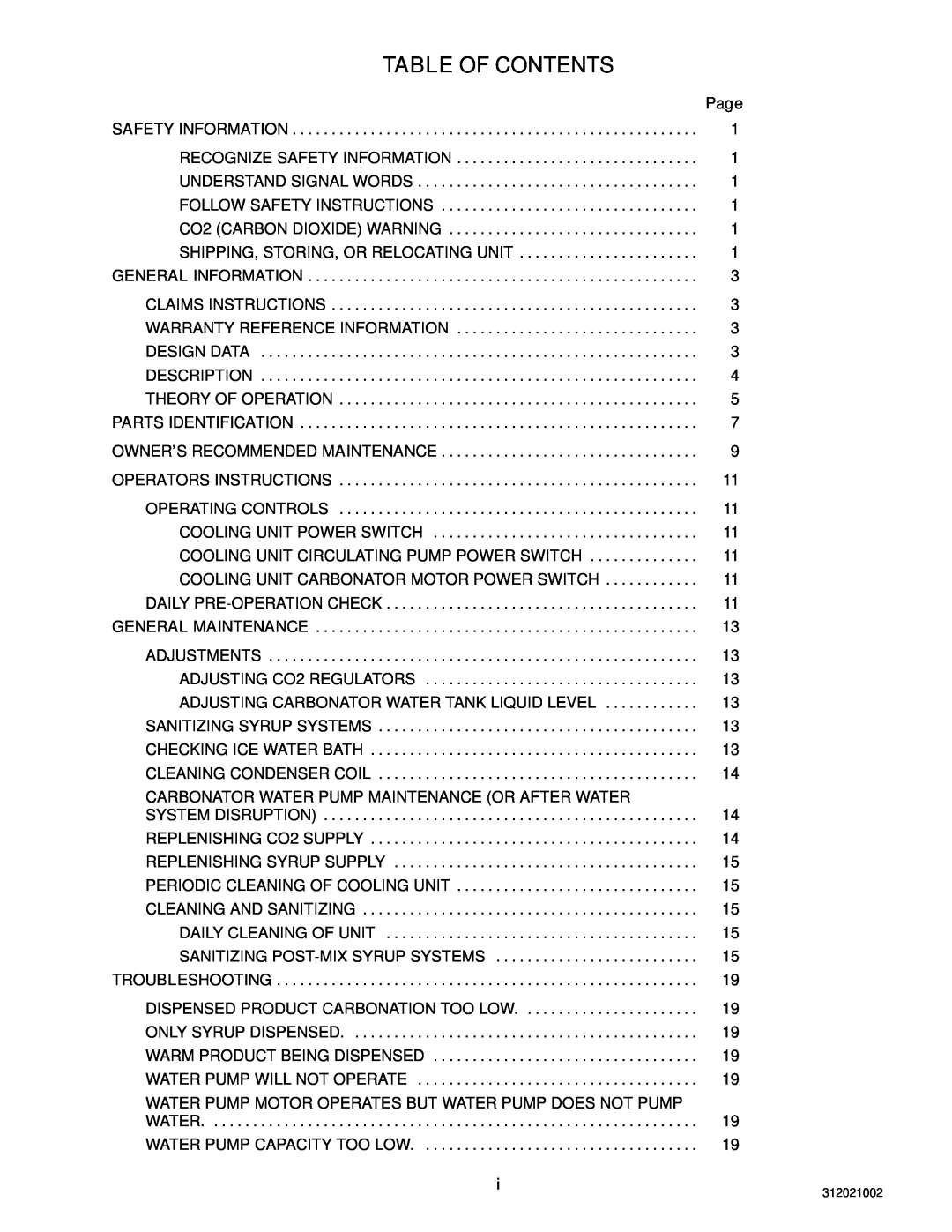 Cornelius R-134A manual Table Of Contents 