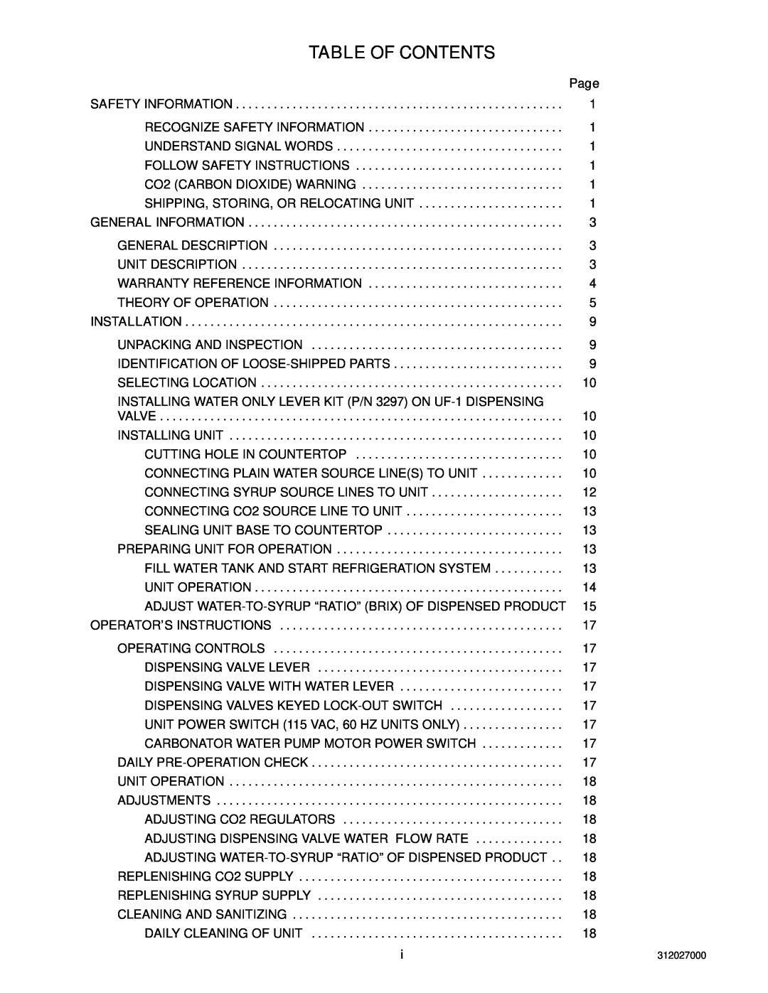 Cornelius R-134A service manual Table Of Contents 