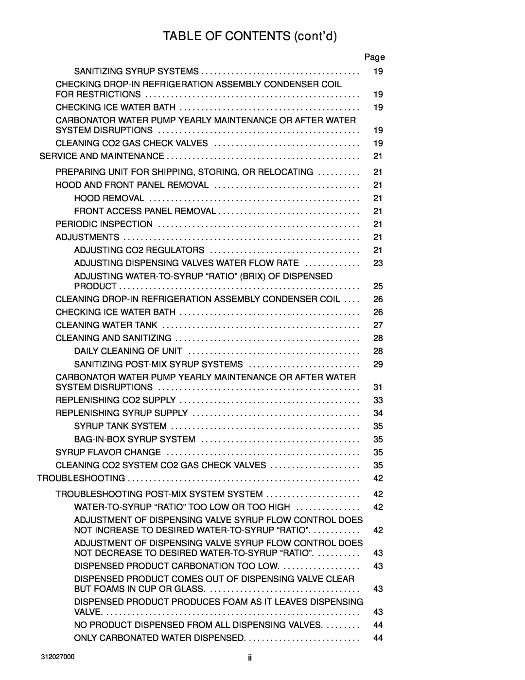 Cornelius R-134A service manual TABLE OF CONTENTS cont’d, Page, Service And Maintenance, Troubleshooting 