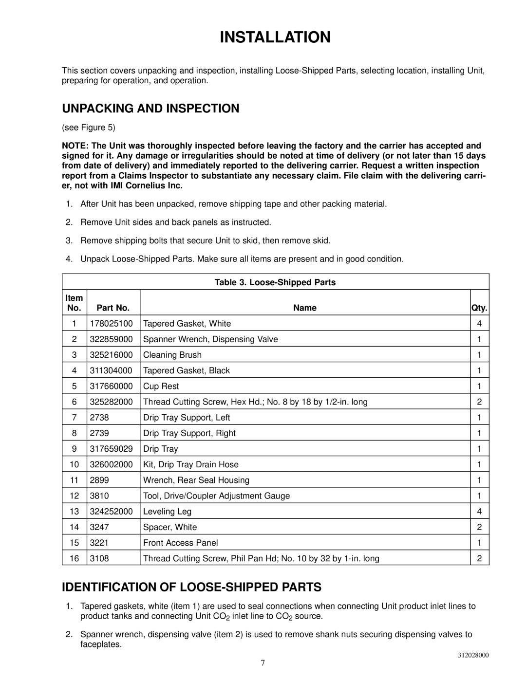 Cornelius R-404A REFRIGERANT service manual Unpacking and Inspection, Identification of LOOSE-SHIPPED Parts 