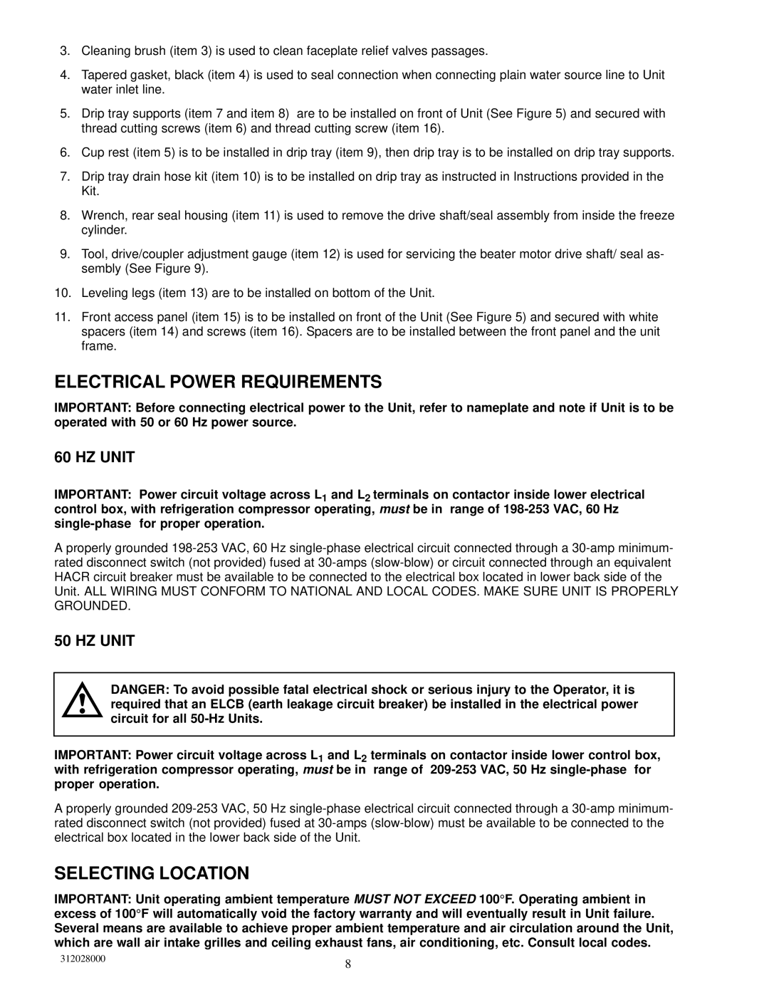 Cornelius R-404A REFRIGERANT service manual Electrical Power Requirements, Selecting Location, HZ Unit 