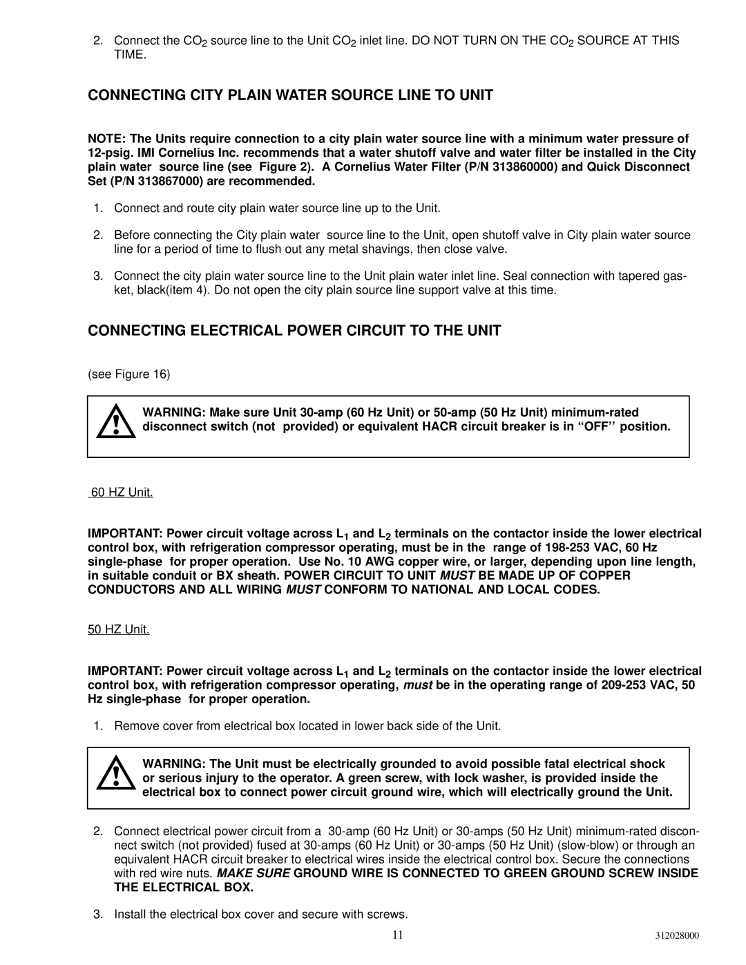 Cornelius R-404A REFRIGERANT service manual Connecting City Plain Water Source Line to Unit, Electrical BOX 