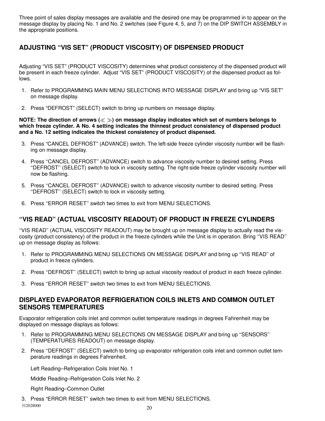 Cornelius R-404A REFRIGERANT service manual Adjusting VIS SET Product Viscosity of Dispensed Product 