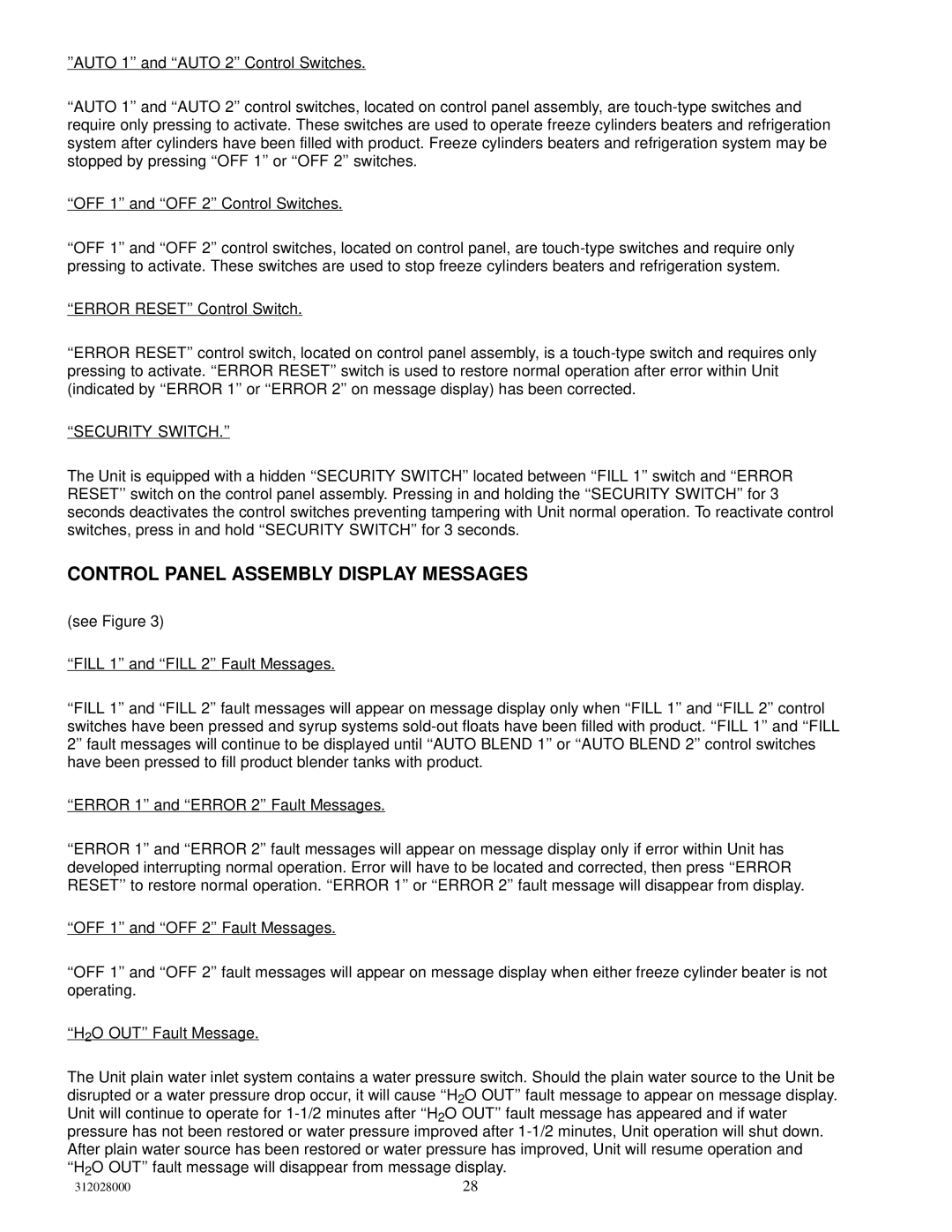 Cornelius R-404A REFRIGERANT service manual Control Panel Assembly Display Messages, ‘‘Security Switch.’’ 