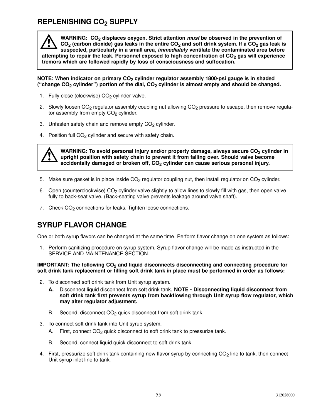 Cornelius R-404A REFRIGERANT service manual Replenishing CO2 Supply, Syrup Flavor Change, Service and Maintenance Section 