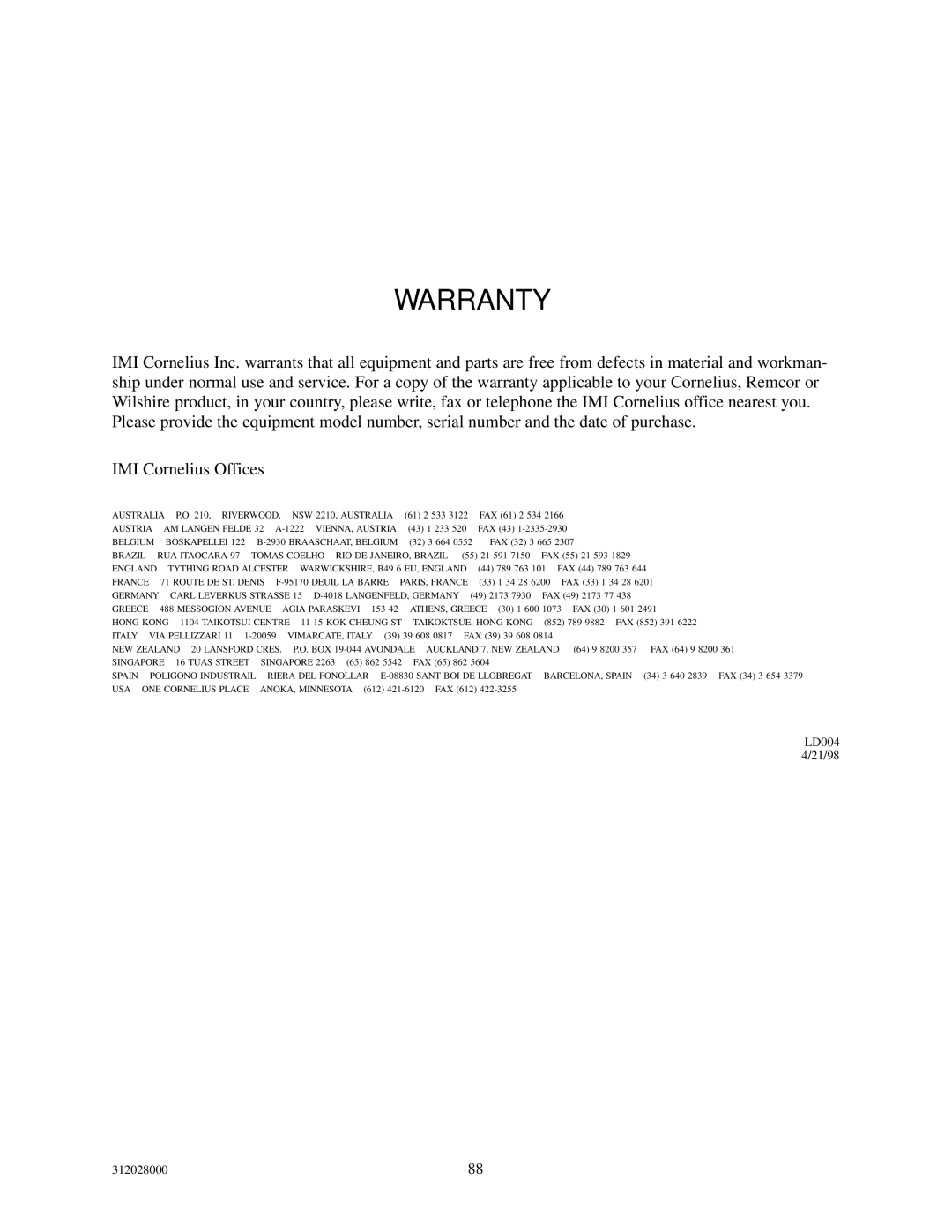 Cornelius R-404A REFRIGERANT service manual Warranty 