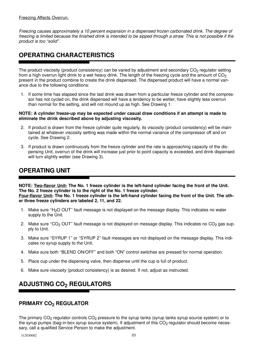 Cornelius R-404A manual Operating Characteristics, Operating Unit, Adjusting CO2 Regulators, Primary CO2 Regulator 