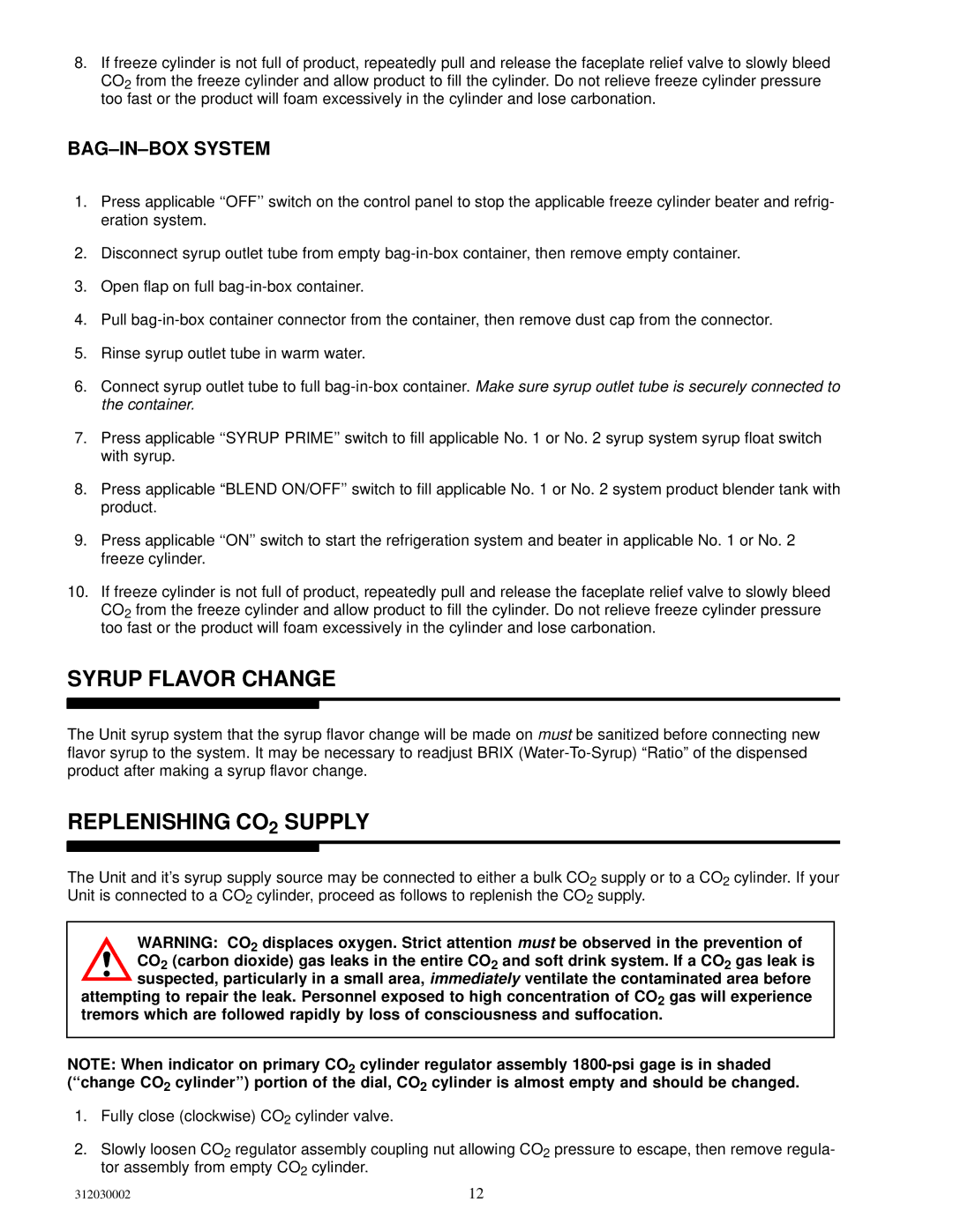 Cornelius R-404A manual Syrup Flavor Change, Replenishing CO2 Supply, BAG-IN-BOX System 