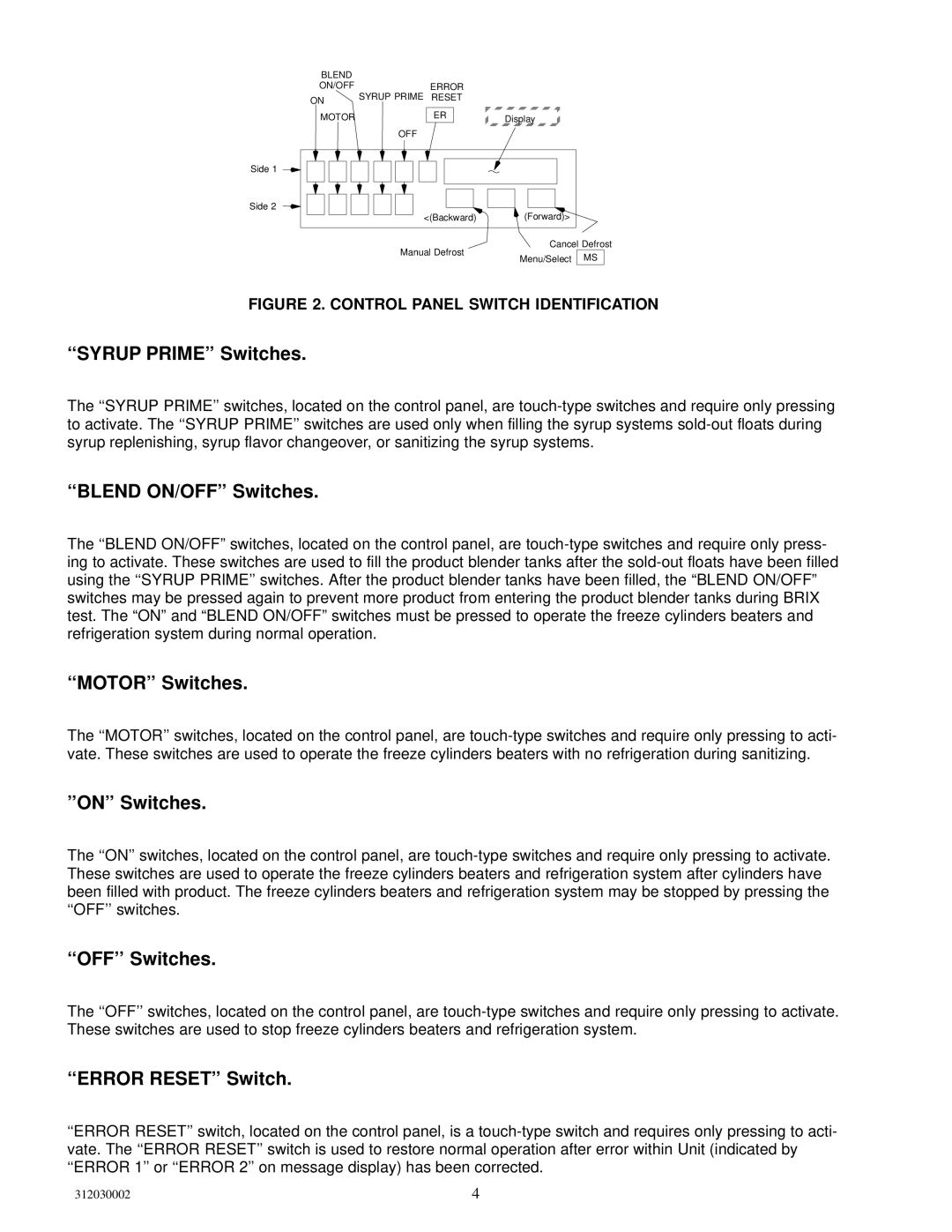 Cornelius R-404A manual ‘‘SYRUP PRIME’’ Switches 