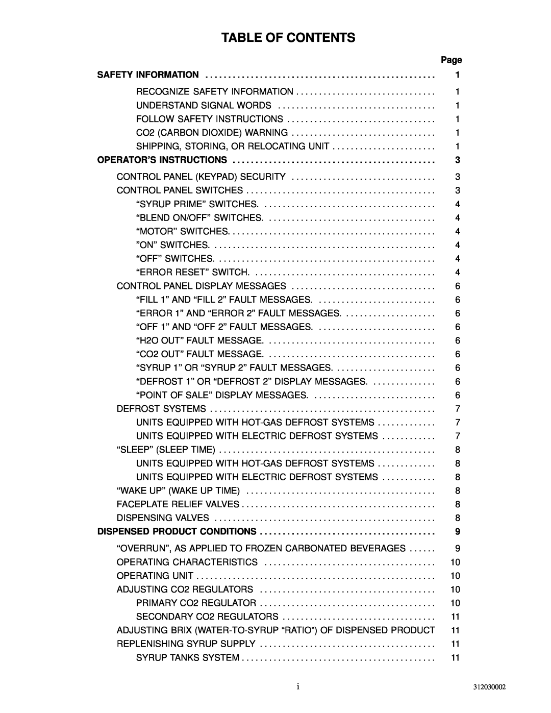 Cornelius R-404A manual Table Of Contents, Page 