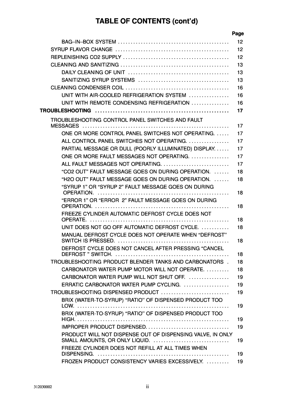 Cornelius R-404A manual TABLE OF CONTENTS cont’d, Page, Troubleshooting 