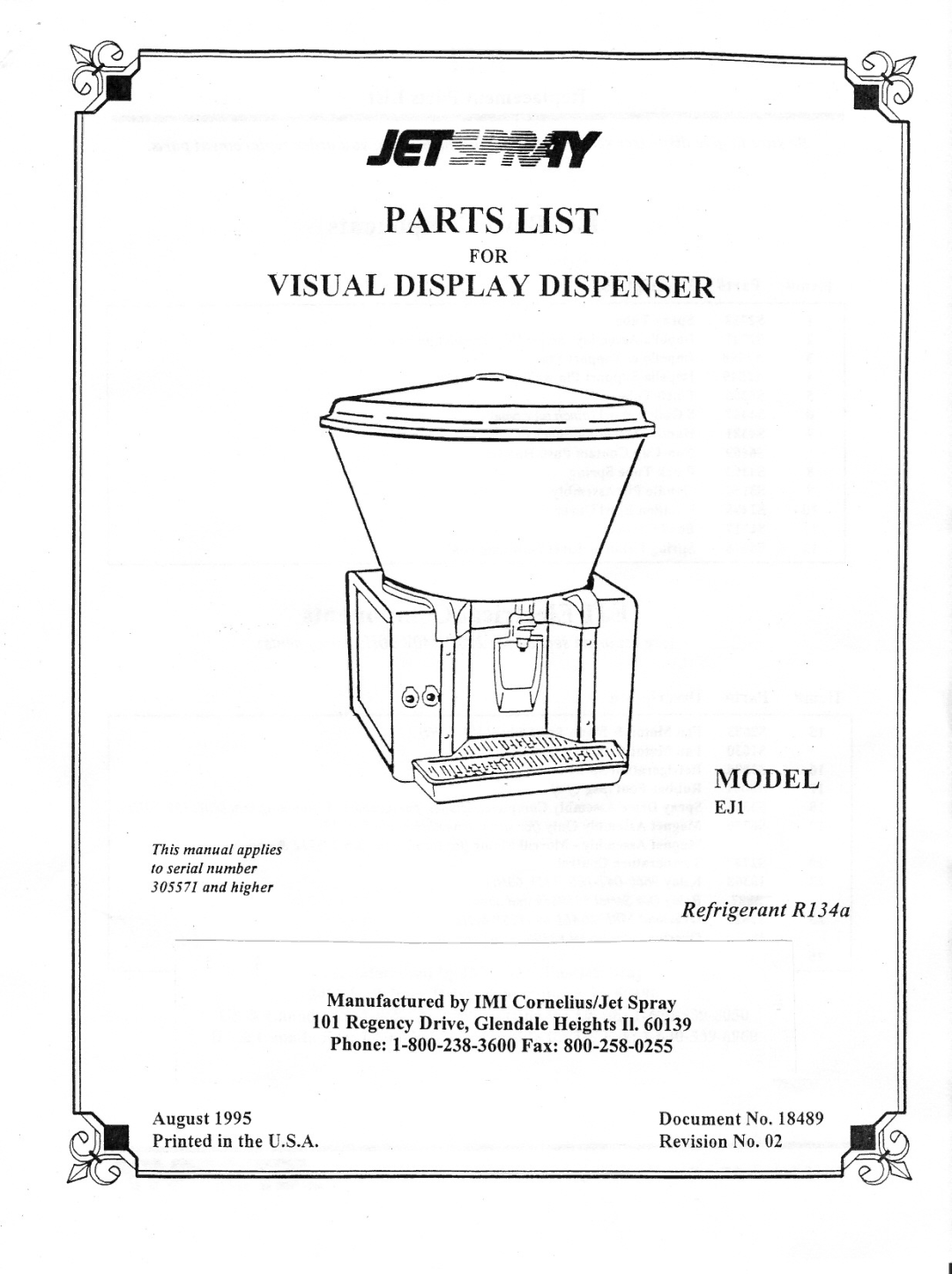 Cornelius S3357, S3004, S2747, S1630, S2828, S6750, S2883, S1249, A0081, 18368 manual Parts List 