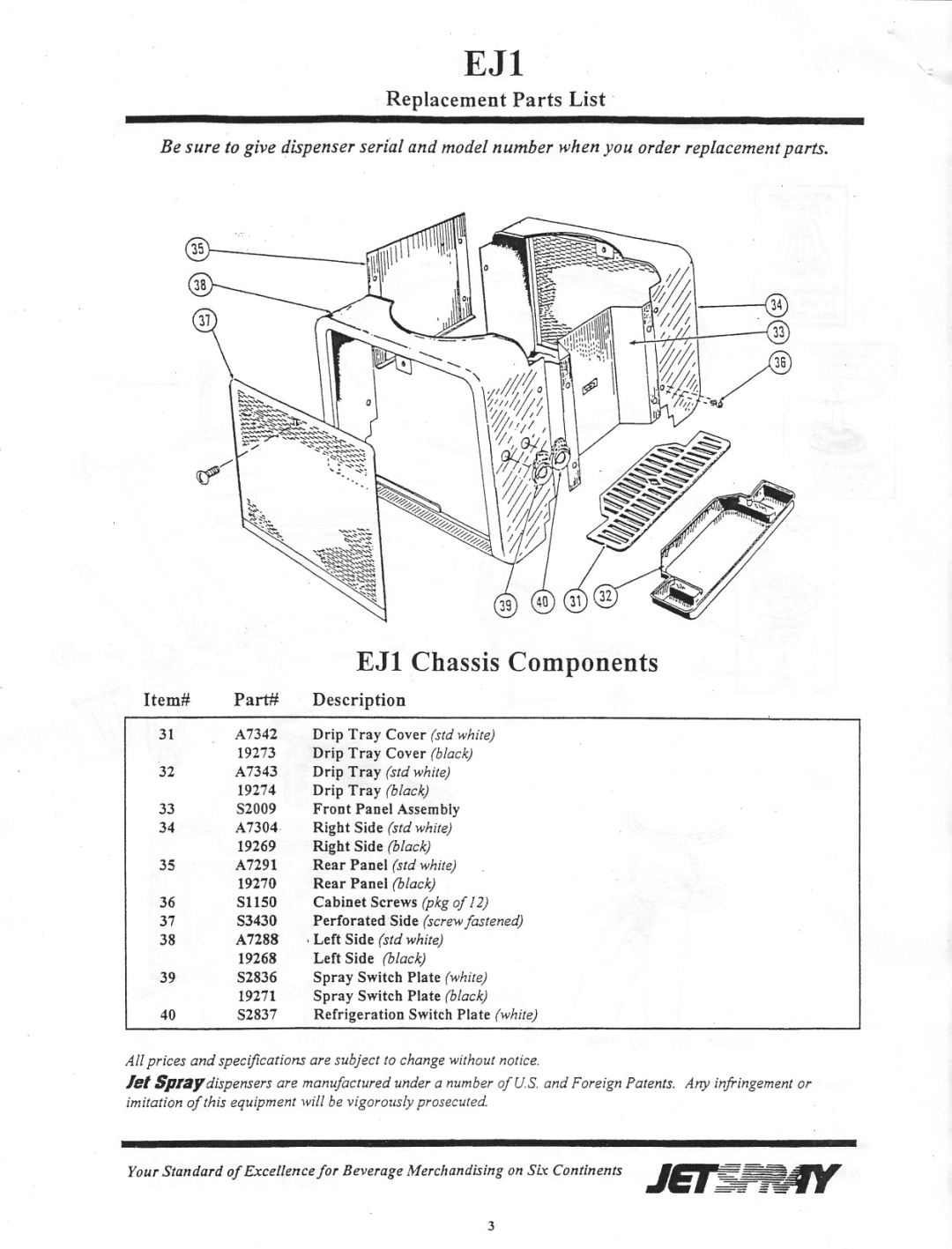 Cornelius S2828 Item# Part#, Description, 35A7291, Drip Tray std white, EJl Chassis Components, Replacement Parts List 