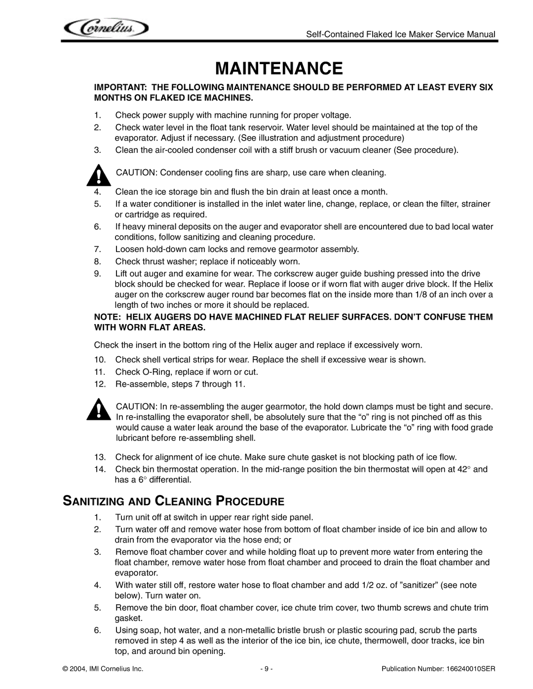 Cornelius Series 200, Series 525, Series 725 service manual Maintenance, Sanitizing and Cleaning Procedure 