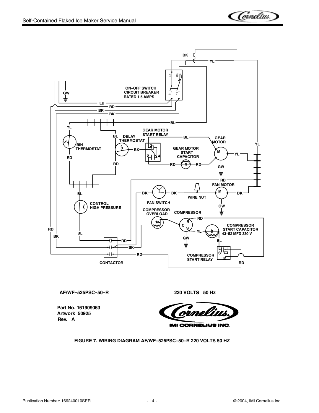 Cornelius Series 525, Series 200, Series 725 service manual Wiring Diagram AF/WF-525PSC-50-R 220 Volts 50 HZ 