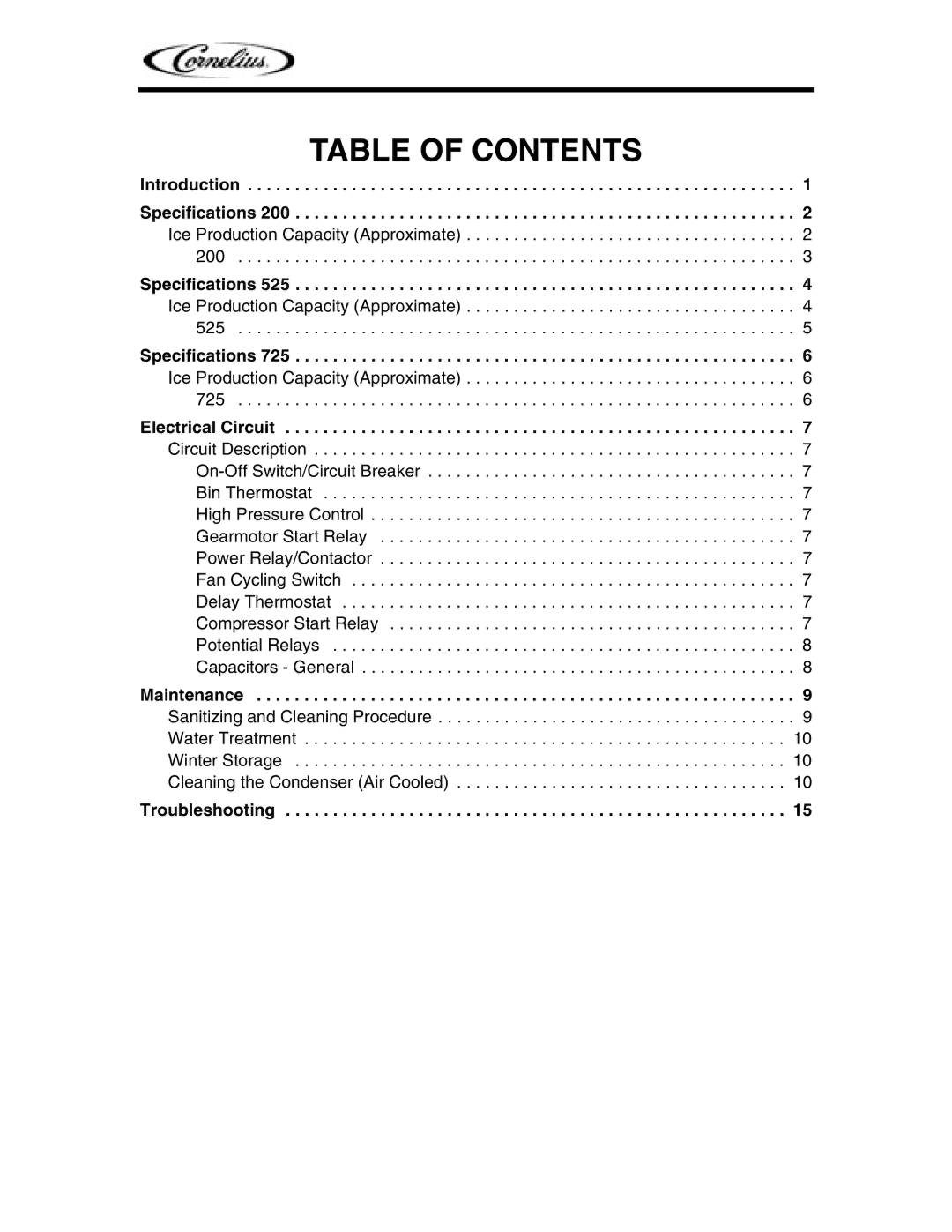 Cornelius Series 525, Series 200, Series 725 service manual Table of Contents 