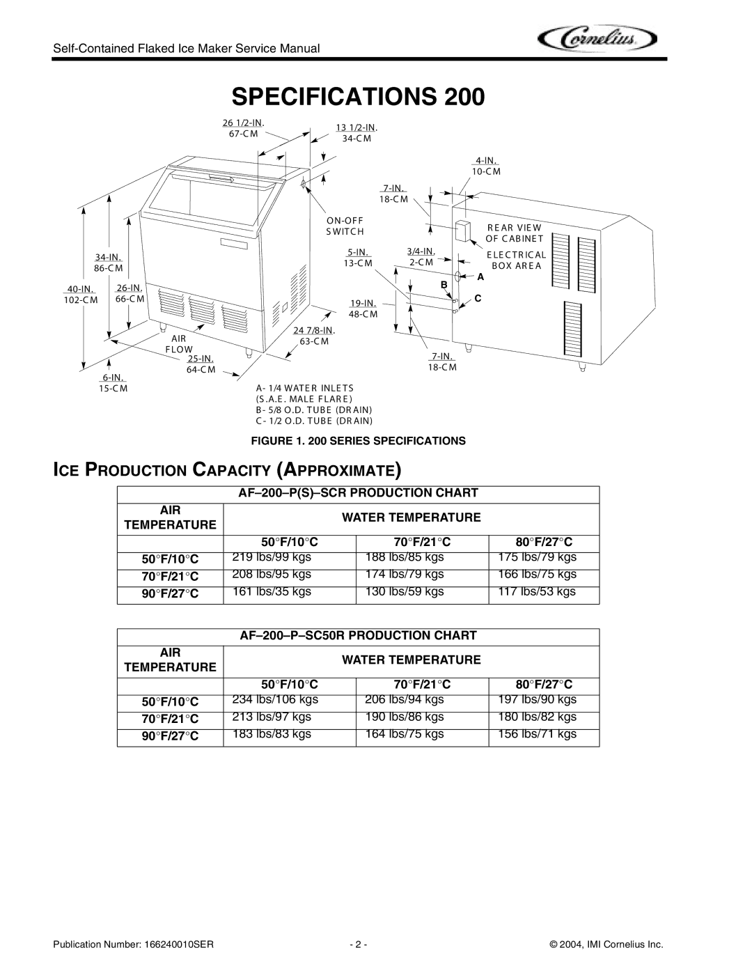 Cornelius Series 525, Series 200, Series 725 service manual Specifications, ICE Production Capacity Approximate 