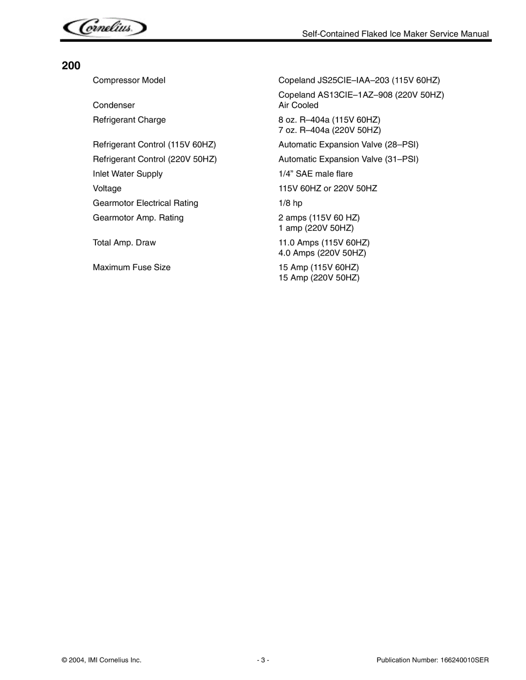 Cornelius Series 200, Series 525, Series 725 service manual 