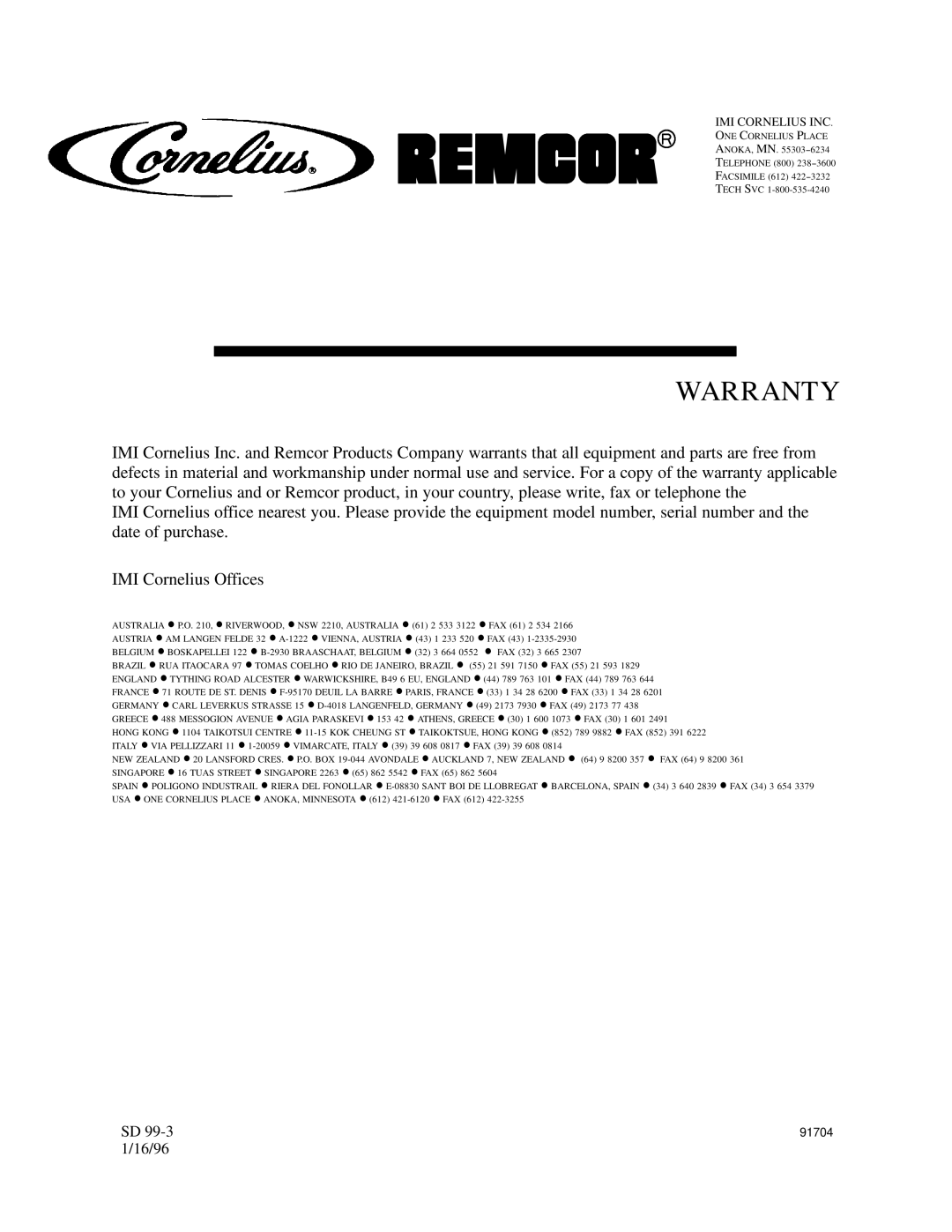 Cornelius SID650W/80-BC, SID650A/80-BC manual Warranty 