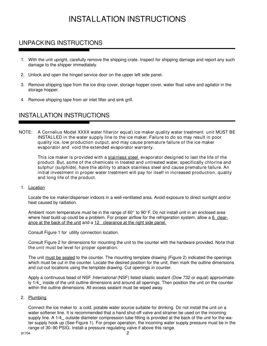 Cornelius SID650A/80-BC, SID650W/80-BC manual Installation Instructions, Unpacking Instructions 