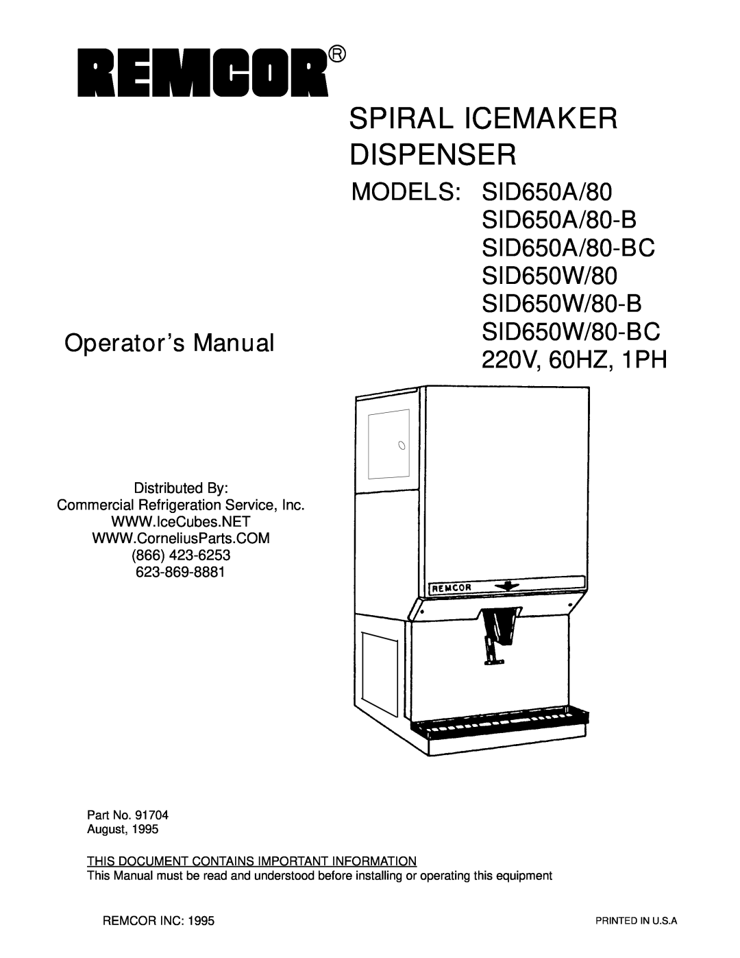 Cornelius SID650A/80-B, SID650W/80 manual Distributed By Commercial Refrigeration Service, Inc, Spiral Icemaker Dispenser 