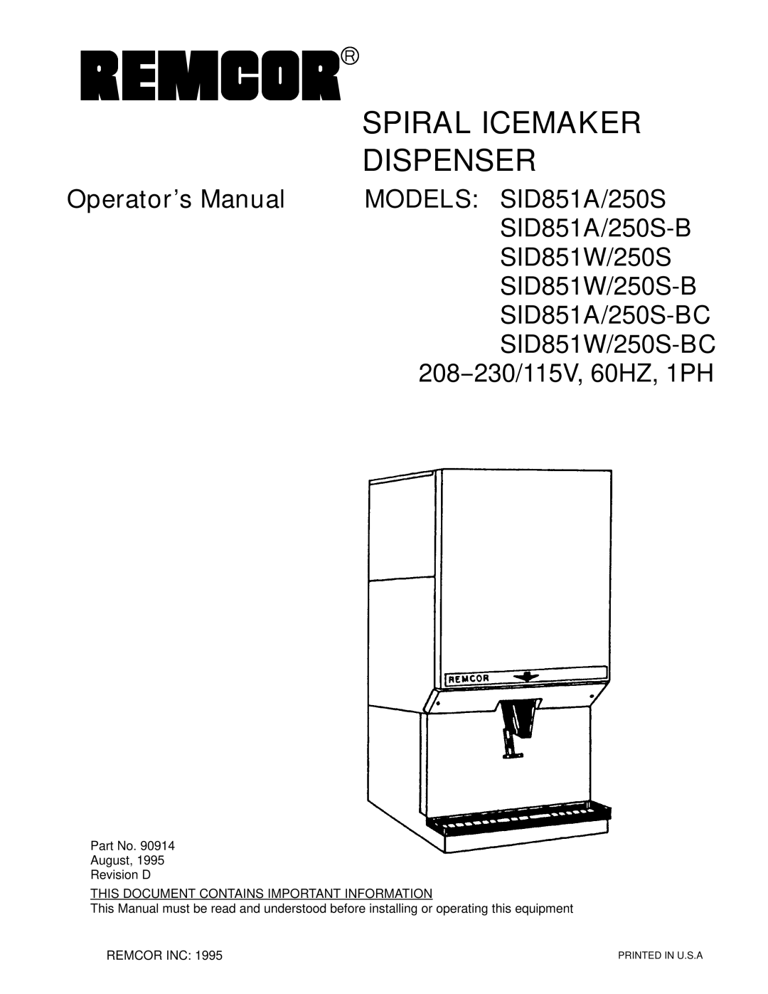 Cornelius SID851A/250S-BC, SID851W/250S-BC manual Dispenser 