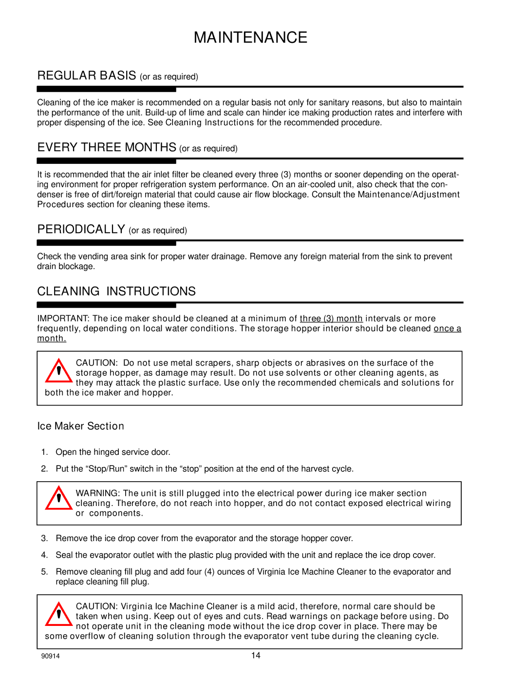 Cornelius SID851W/250S-BC, SID851A/250S-BC manual Maintenance, Cleaning Instructions 