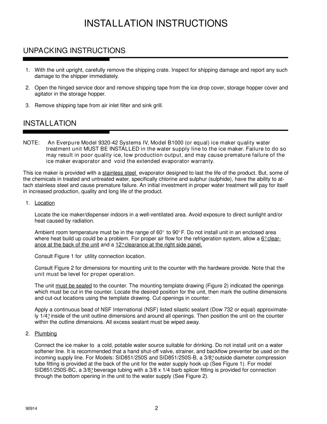 Cornelius SID851W/250S-BC, SID851A/250S-BC manual Installation Instructions, Unpacking Instructions 