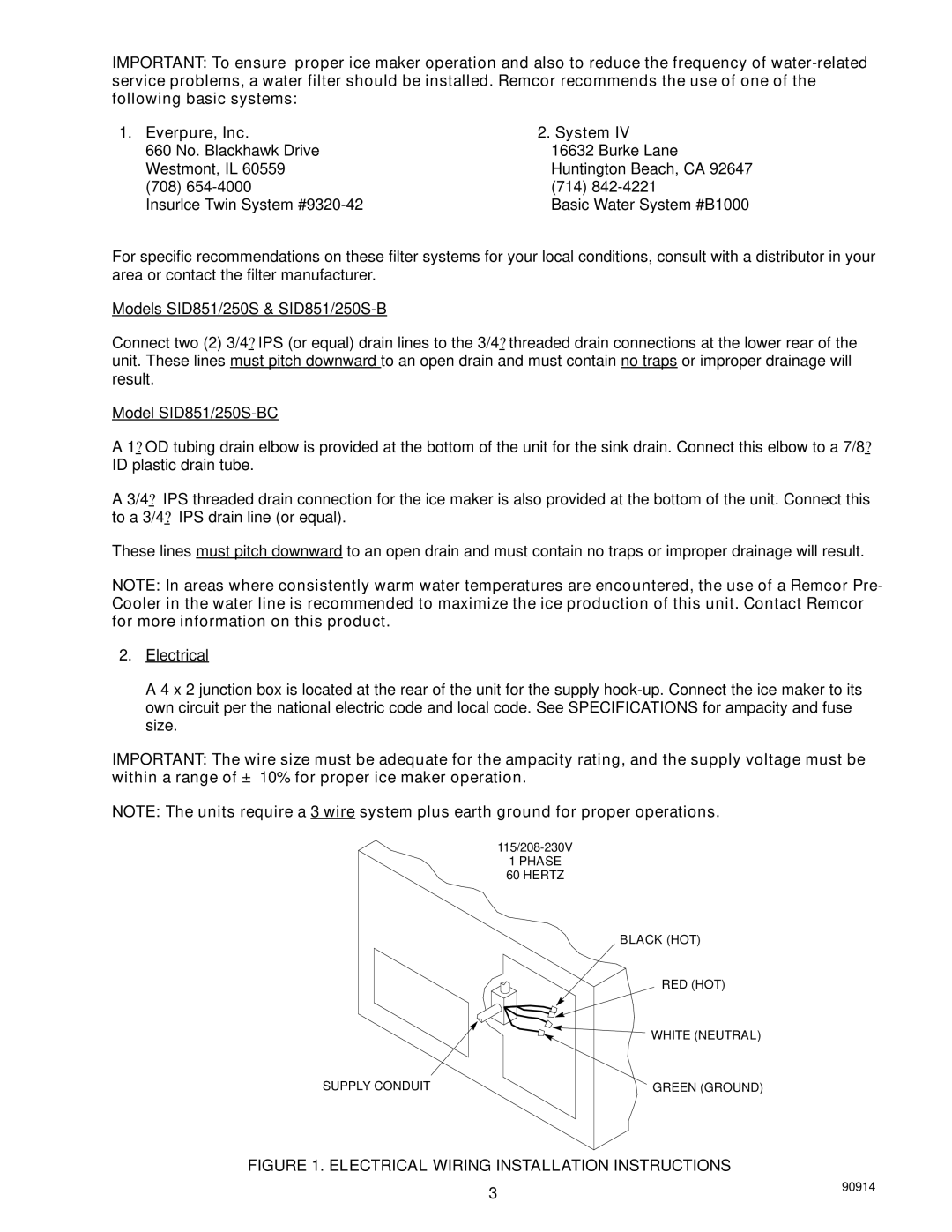 Cornelius SID851A/250S-BC, SID851W/250S-BC manual Electrical Wiring Installation Instructions 