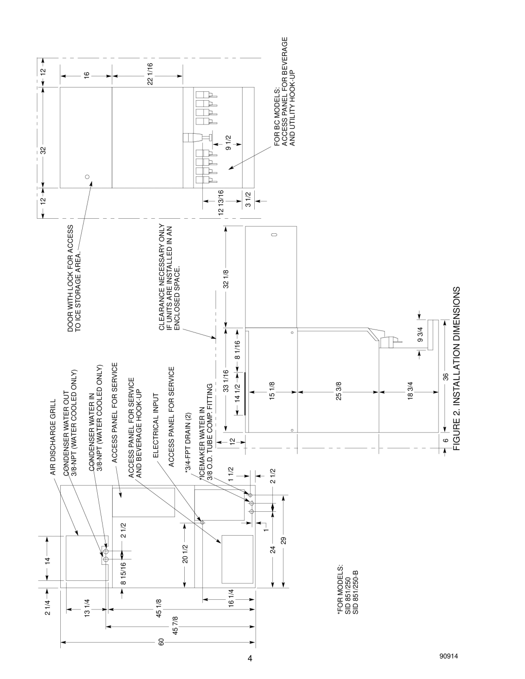 Cornelius SID851A/250S-BC, SID851W/250S-BC manual Installation Dimensions 