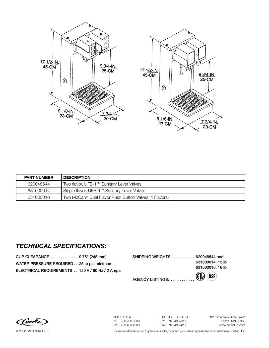 Cornelius Tea Tower manual Technical Specifications 