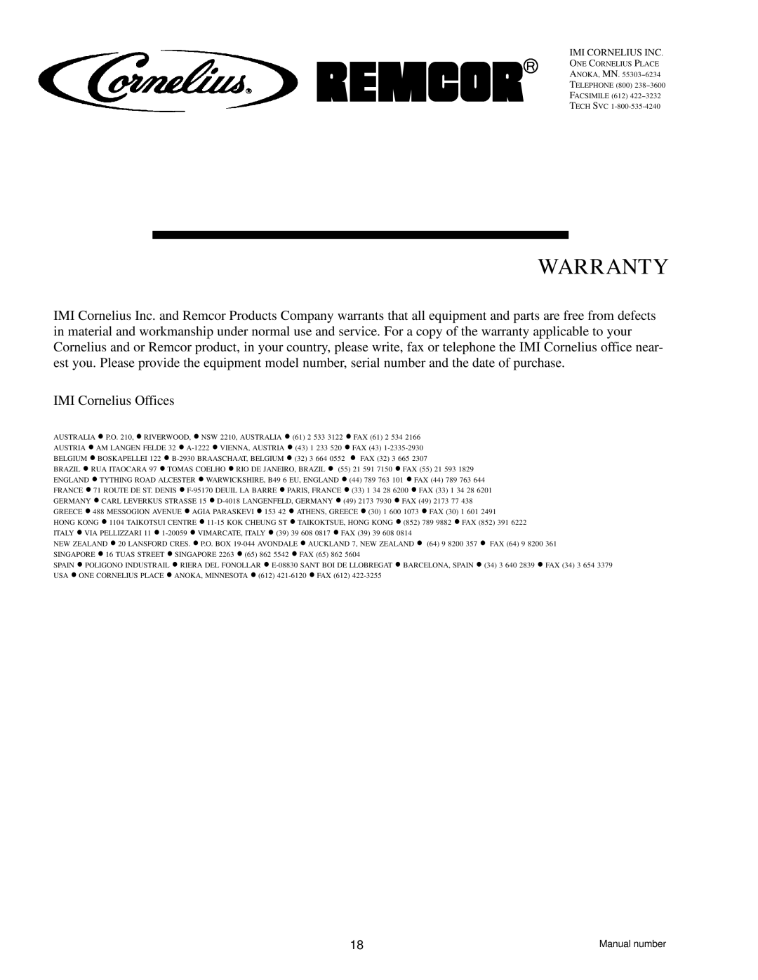 Cornelius TJ45-AB, TJ90-ABC manual Warranty 