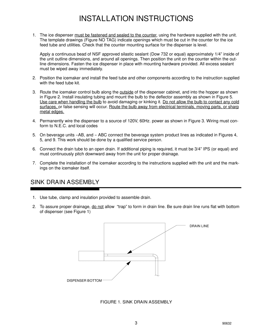 Cornelius TJ45-AB, TJ90-ABC manual Installation Instructions, Sink Drain Assembly 