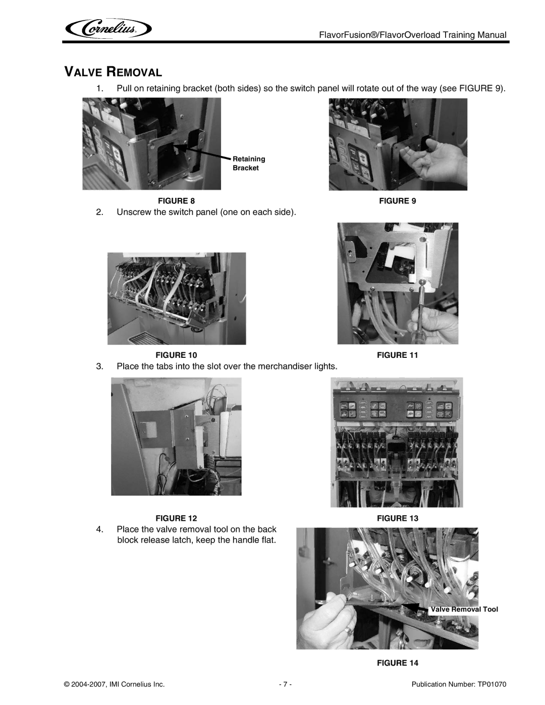 Cornelius TP01070 manual Valve Removal 