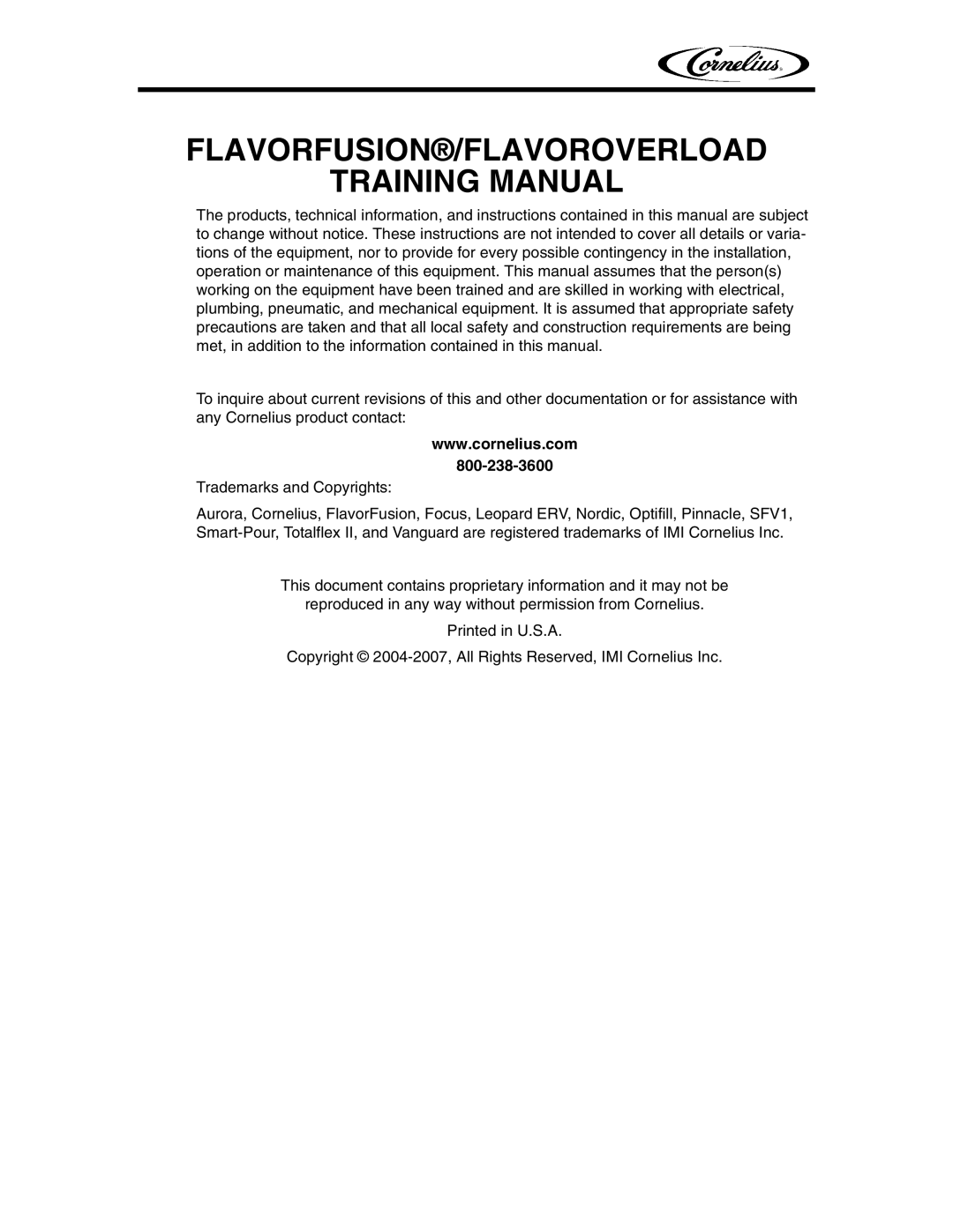 Cornelius TP01070 manual FLAVORFUSION/FLAVOROVERLOAD Training Manual 