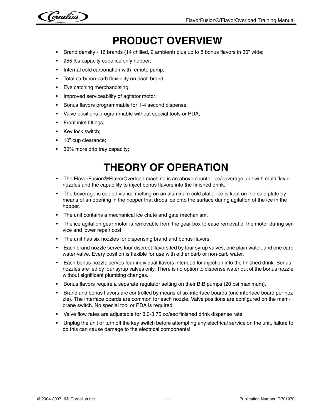 Cornelius TP01070 manual Product Overview, Theory of Operation 