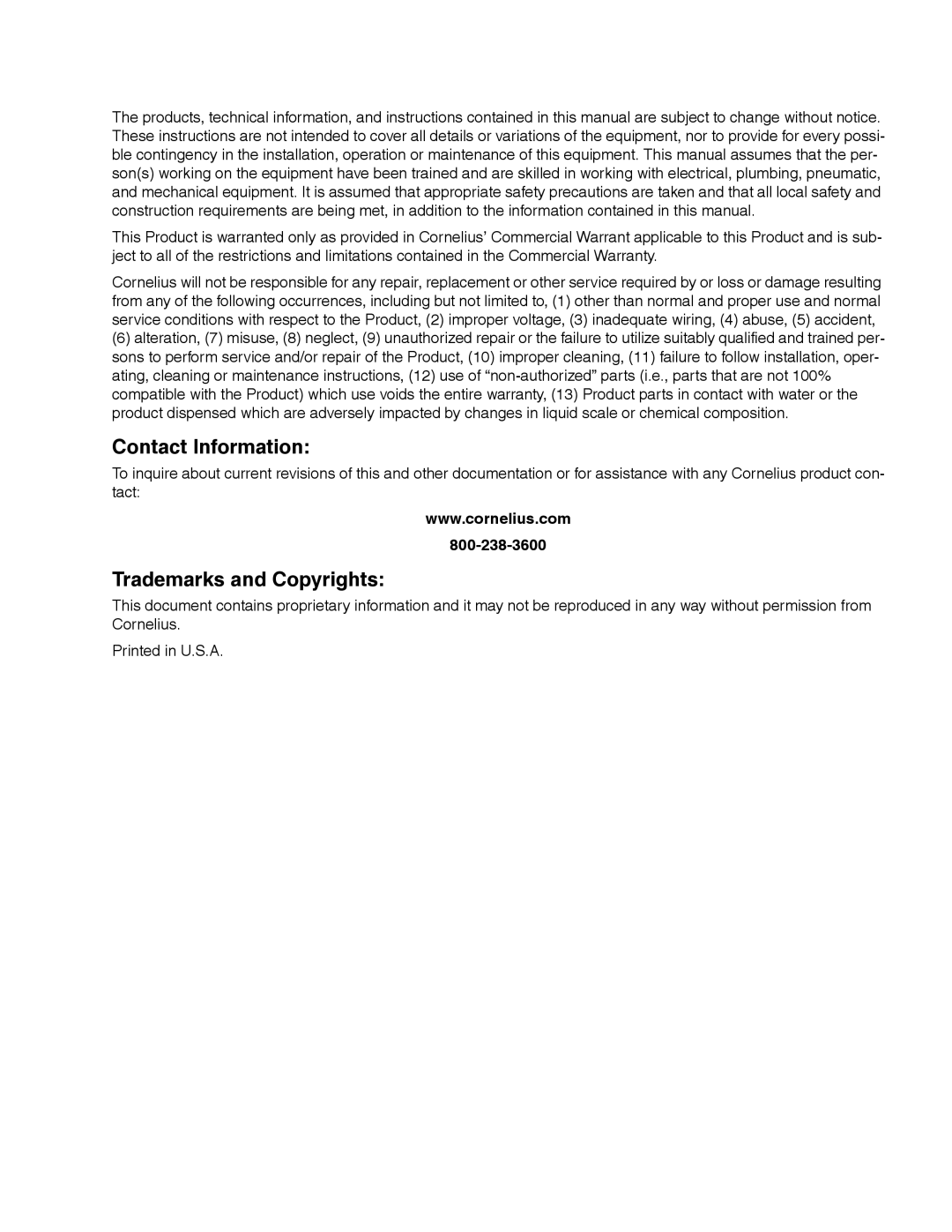 Cornelius UC 150 installation manual Contact Information 